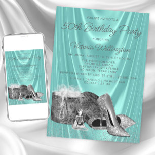Womans Teal Blue Silver Shoe Any Number Birthday  Invitation