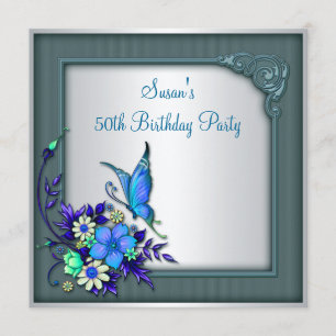 Womans Teal Purple Butterfly 50th Birthday Party Invitation