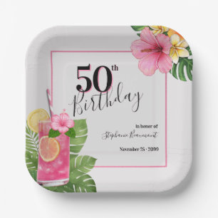 Woman's Tropical Cocktail Flower 50th Birthday Paper Plate
