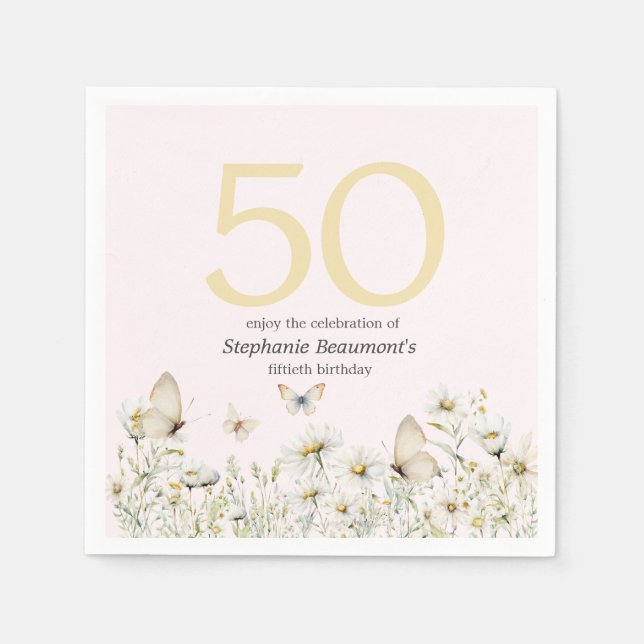 Woman's White Wildflower Simple 50th Birthday Napkin (Front)
