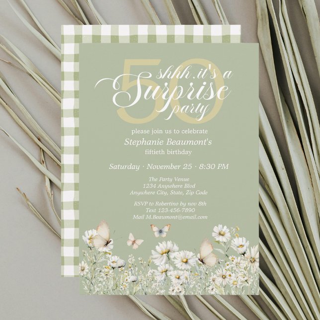 Woman's White Wildflower Surprise 50th Birthday Invitation (Creator Uploaded)