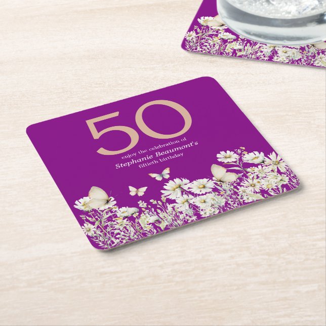 Woman's White Wildflower Surprise 50th Birthday Square Paper Coaster (Angled)
