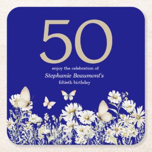 Woman's White Wildflower Surprise 50th Birthday Square Paper Coaster