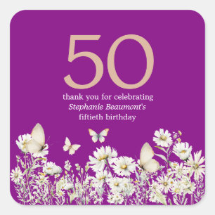 Woman's White Wildflower Surprise 50th Birthday Square Sticker