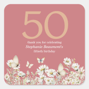 Woman's White Wildflower Surprise 50th Birthday Square Sticker