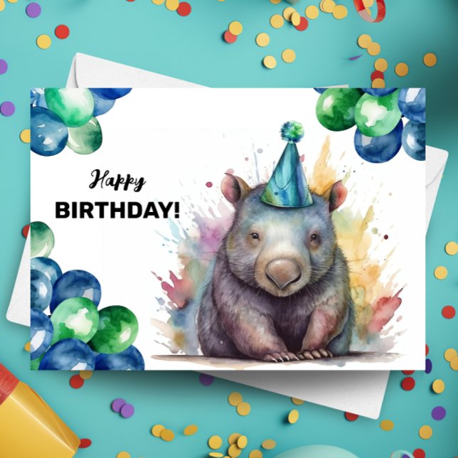 Wombat with Balloons and Party Hat Happy Birthday Card (Creator Uploaded)