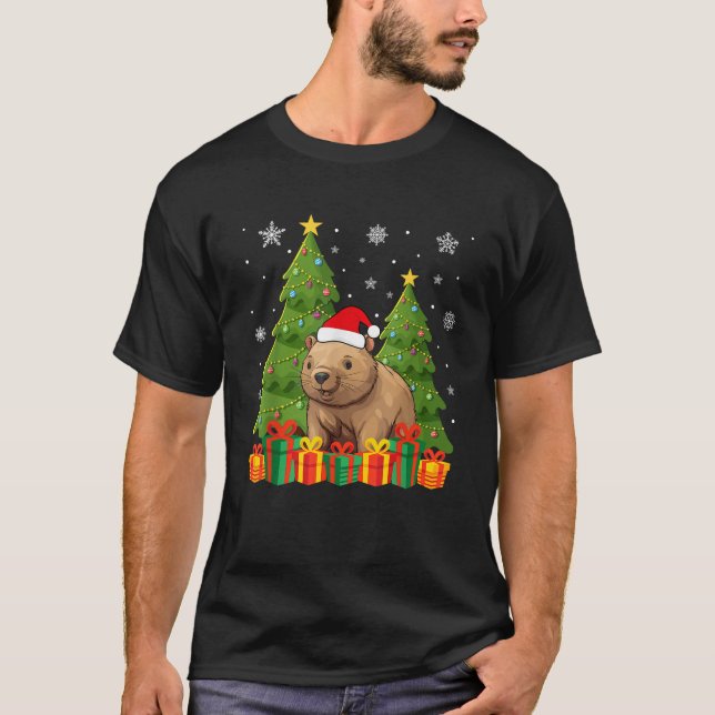 Wombat Xmas Tree Lights Santa Hat Ugly Christmas  T-Shirt (Front)