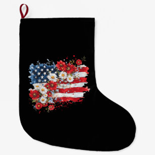 Women 4th of July Floral American Flag Wildflowers Large Christmas Stocking