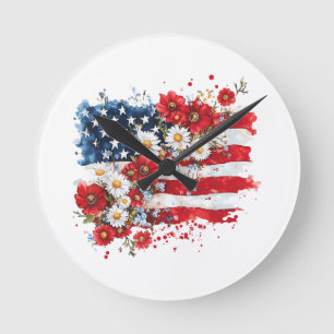 Women 4th of July Floral American Flag Wildflowers Round Clock