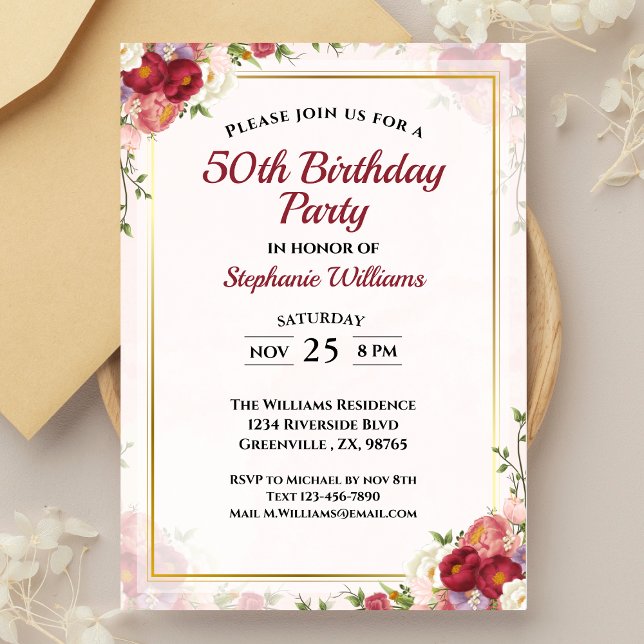 Women 50th Birthday Party Elegant Floral Bouquet  Invitation (Creator Uploaded)
