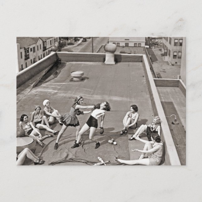 Women Boxing On A Roof 1938 Vintage Postcard (Front)