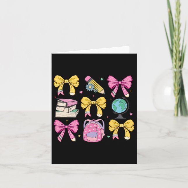 Women Coquette Pink Bow Ribbons Pencil Teacher App Card (Front)