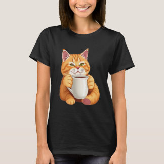 Women Cute Ginger Cat Coffee Graphic T-Shirt
