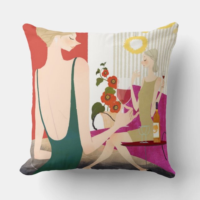 Women Drinking Wine Cushion (Front)