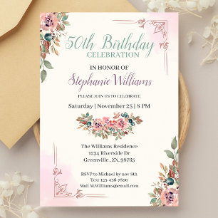 Women Floral Classic Elegant 50th Birthday Party Invitation