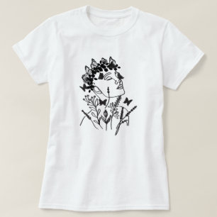 Women Flower Leave Dark Butterfly Face Portrait T-Shirt