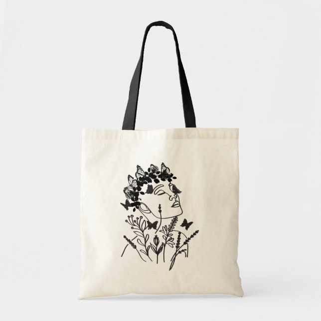 Women Flower Leave Dark Butterfly Face Portrait  Tote Bag (Front)