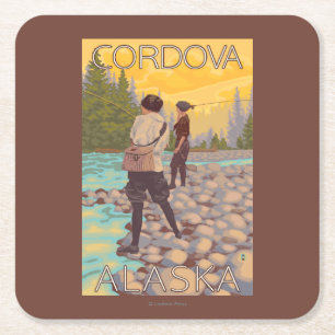 Women Fly Fishing - Cordova, Alaska Square Paper Coaster