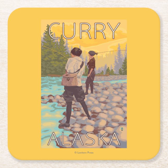 Women Fly Fishing - Curry, Alaska Square Paper Coaster (Front)