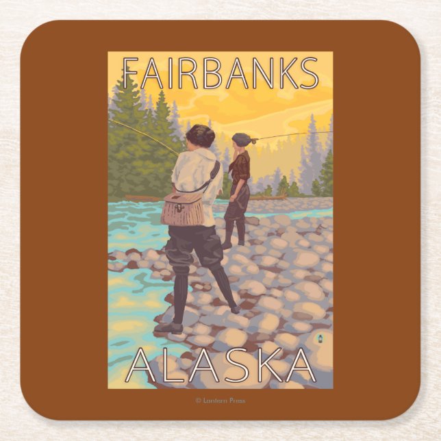 Women Fly Fishing - Fairbanks, Alaska Square Paper Coaster (Front)