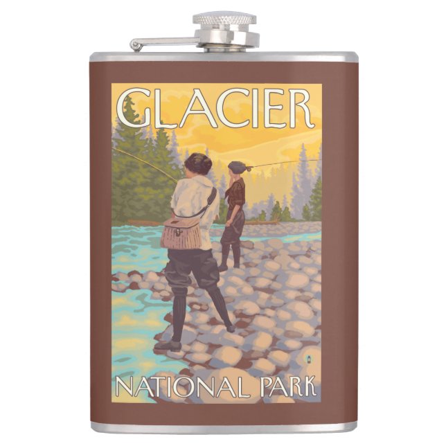 Women Fly Fishing - Glacier National Park, MT Hip Flask (Front)