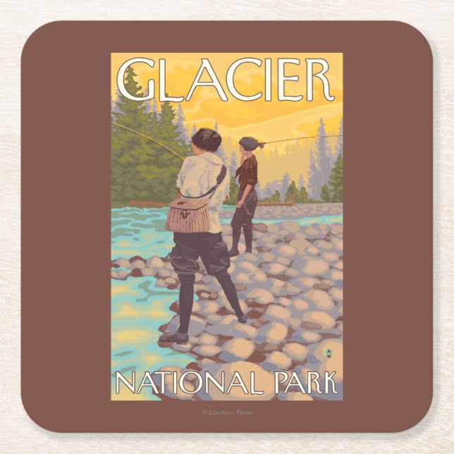 Women Fly Fishing - Glacier National Park, MT Square Paper Coaster (Front)