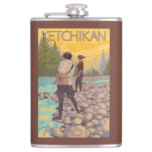 Women Fly Fishing - Ketchikan, Alaska Hip Flask