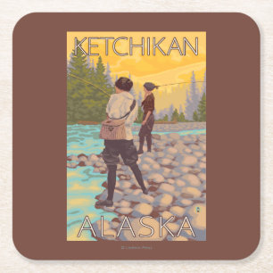 Women Fly Fishing - Ketchikan, Alaska Square Paper Coaster