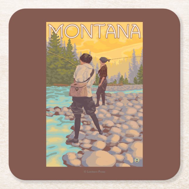 Women Fly Fishing - Montana Square Paper Coaster (Front)