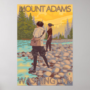 Women Fly Fishing - Mount Adams, Washington Poster