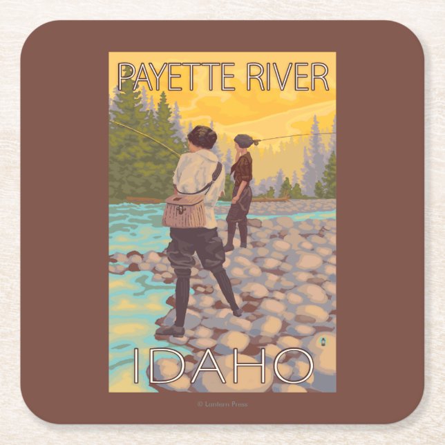 Women Fly Fishing - Payette River, Idaho Square Paper Coaster (Front)