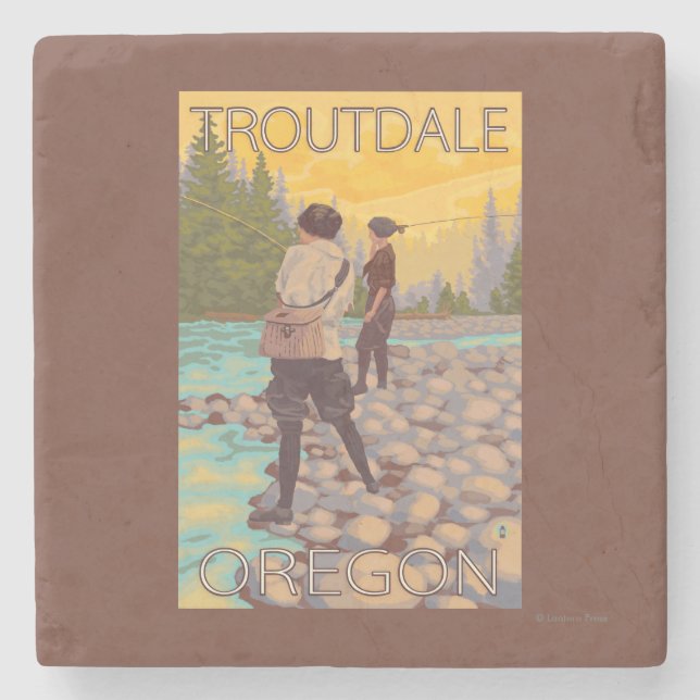Women Fly Fishing - Troutdale, Oregon Stone Coaster (Front)