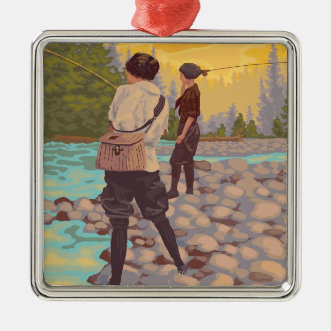 Women Fly Fishing - Yellowstone National Park Metal Tree Decoration (Front)