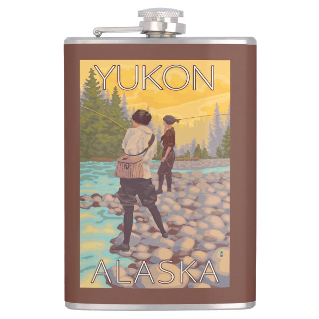 Women Fly Fishing - Yukon, Alaska Hip Flask (Front)