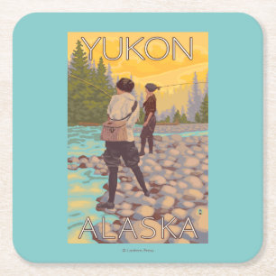 Women Fly Fishing - Yukon, Alaska Square Paper Coaster