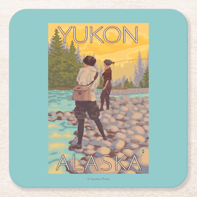 Women Fly Fishing - Yukon, Alaska Square Paper Coaster (Front)