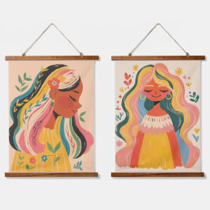 Women Girls Cute Boho Floral Illustration Hanging Tapestry