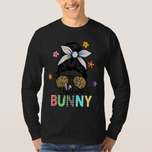 Women Girls Leopard Messy Bun Grandmom Bunny Easte T-Shirt