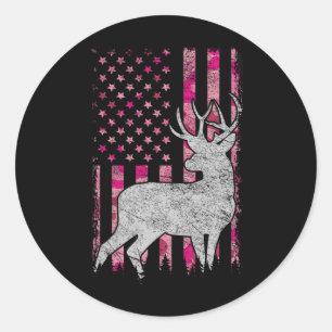 Women Girls Patriotic Pink Camo Usa Flag Deer Hunt Classic Round Sticker
