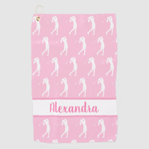 Women Golfer Pattern Pink White Name Personalised Golf Towel