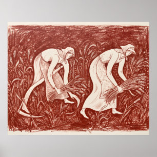 Women Harvesting Wheat Red Linocut Print