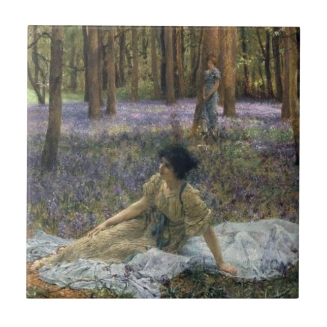 Women in a Forest of Bluebell Flowers Ceramic Tile (Front)
