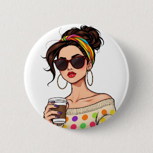Women in LGBTQ Rainbow Bandanna with Coffee 6 Cm Round Badge