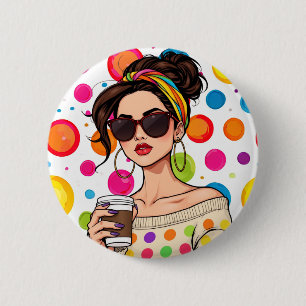 Women in LGBTQ Rainbow Bandanna with Coffee 6 Cm Round Badge