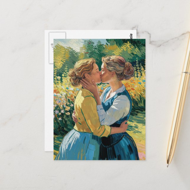 Women in Love Kiss in the Garden Postcard (Front/Back In Situ)