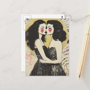 Women in Love Kissing in Matching Black Dresses Postcard