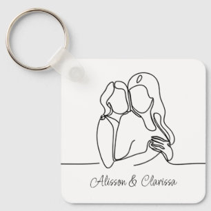 Women in Love Line Art Lesbian Couple Key Ring