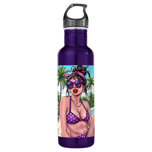 Women in Purple Bikini and Bandanna at Beach  710 Ml Water Bottle (Front)