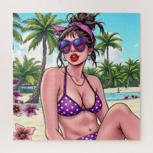 Women in Purple Bikini and Bandanna at Beach  Jigsaw Puzzle