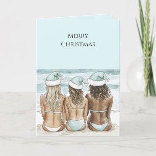 Women in Santa Hats on Beach Christmas Card